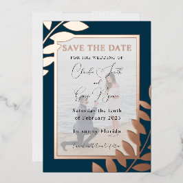 Elegante Tropische Bladeren Foto Save The Date Ech Folie Uitnodiging