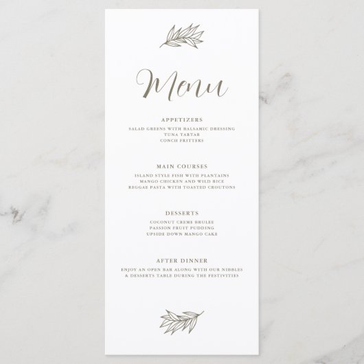 Elegante tropische bladeren minimalistische bruilo menu (Voorkant)