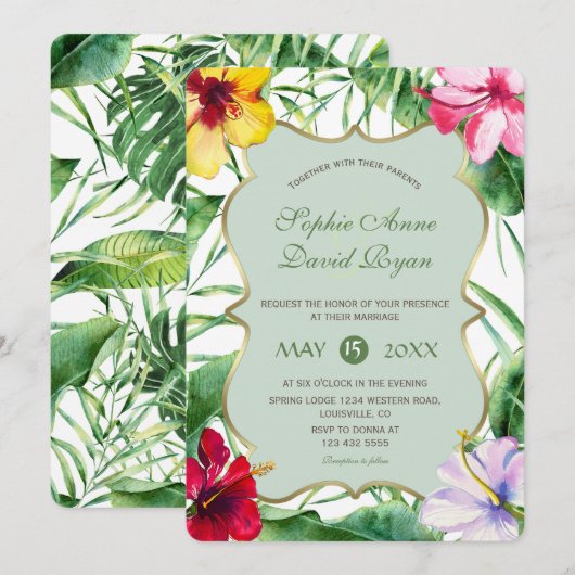 Elegante tropische bloei Hibiscus gouden bruiloft Kaart (Voorkant / Achterkant)