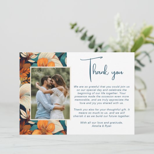 Elegante Tropische Bloem Bloemen Huwelijksfoto Bedankkaart (Staand voorkant)