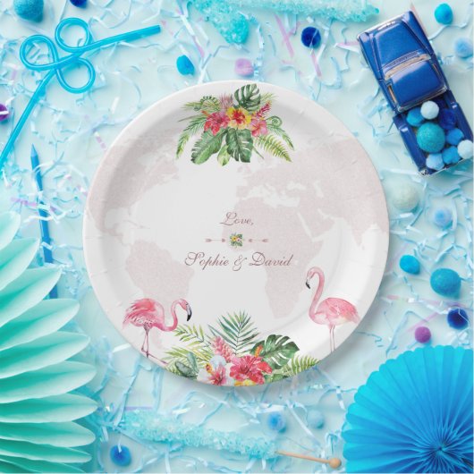 Elegante tropische bloem gouden wereldkaart bruilo papieren bordje (Feest)