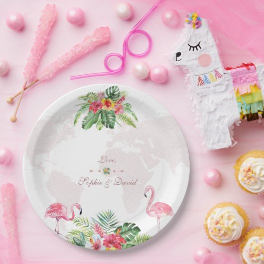 Elegante tropische bloem gouden wereldkaart bruilo papieren bordje (Feest)