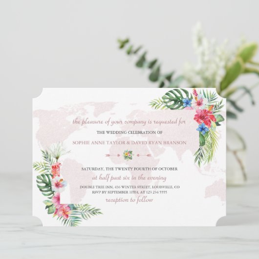 Elegante Tropische Bloem Gouden Wereldkaart Trouwd Kaart (Staand voorkant)