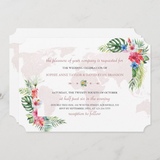 Elegante Tropische Bloem Gouden Wereldkaart Trouwd Kaart (Voorkant / Achterkant)