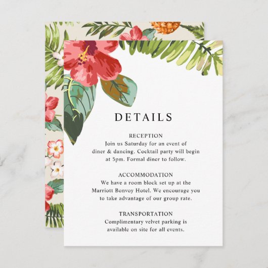 Elegante Tropische Bloem Groen Bruiloft Details Informatiekaartje (Voorkant / Achterkant)