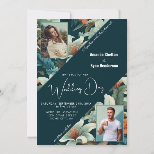 Elegante Tropische Bloemen 2 Foto Huwelijk Kaart (Voorkant)