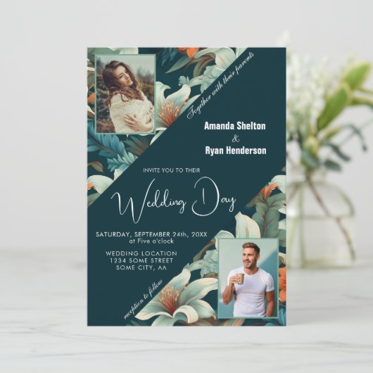 Elegante Tropische Bloemen 2 Foto Huwelijk Kaart (Staand voorkant)