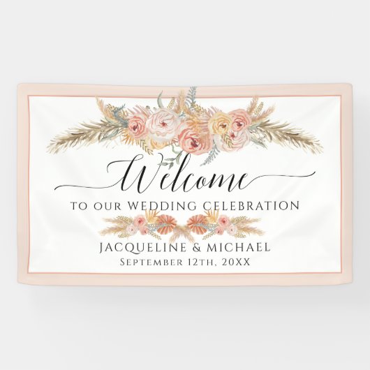 Elegante Tropische Bloemen Blush Peach Pampas Brui Spandoek (Horizontaal)