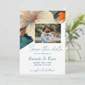 Elegante Tropische Bloemen Botanische Fotobruiloft Save The Date (Staand voorkant)