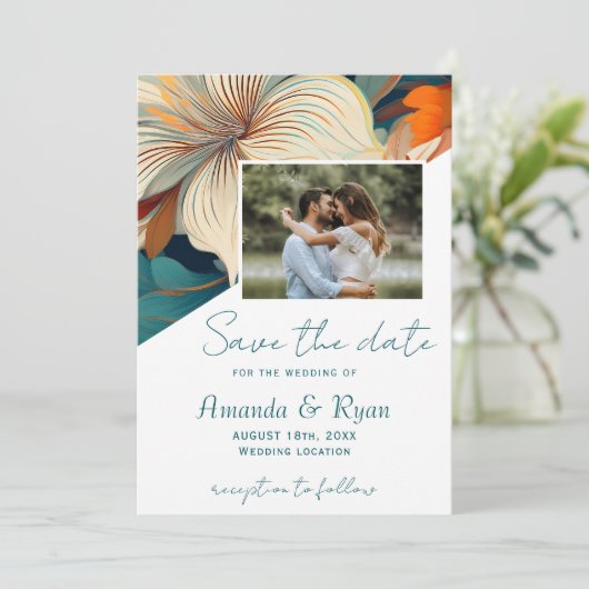 Elegante Tropische Bloemen Botanische Fotobruiloft Save The Date (Staand voorkant)