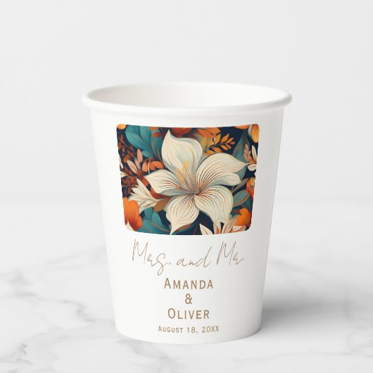 Elegante tropische bloemen Mrs. Mr. Floral bruilof Papieren Bekers (Achterkant)