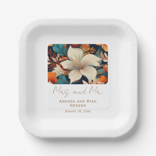 Elegante tropische bloemen Mrs. Mr. Floral bruilof Papieren Bordje (Voorkant)
