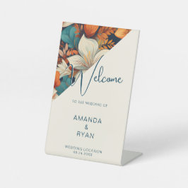 Elegante Tropische Bloemen Patroon Huwelijk Reclamebord Met Voetstuk