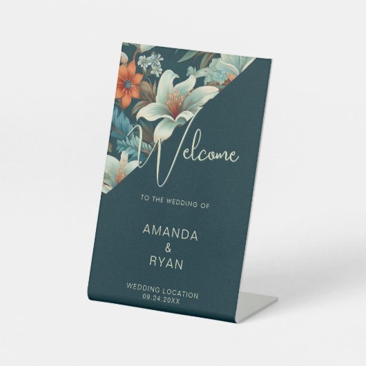 Elegante Tropische Bloemen Patroon Huwelijk Reclamebord Met Voetstuk (Voorkant)