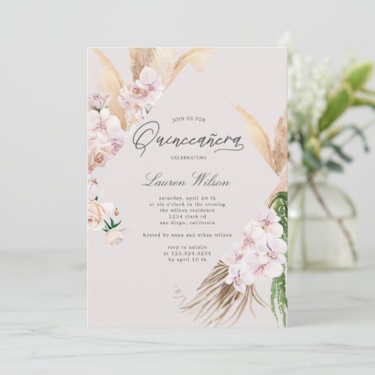 elegante tropische bloemen Quinceanera uitnodiging (Staand voorkant)