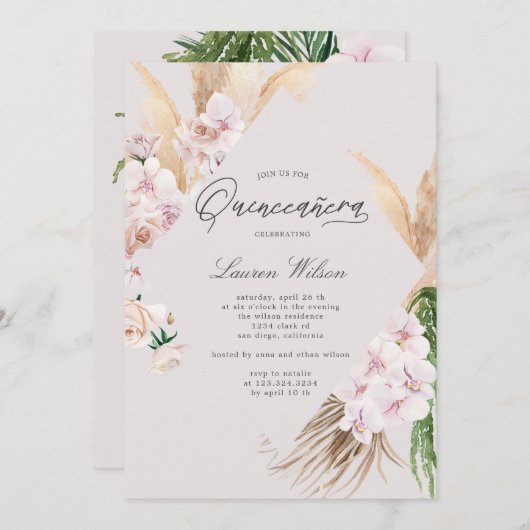 elegante tropische bloemen Quinceanera uitnodiging (Voorkant / Achterkant)