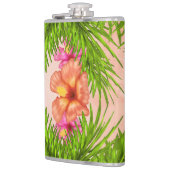 Elegante tropische bloemen roze bloemengroene blad heupfles (Links)