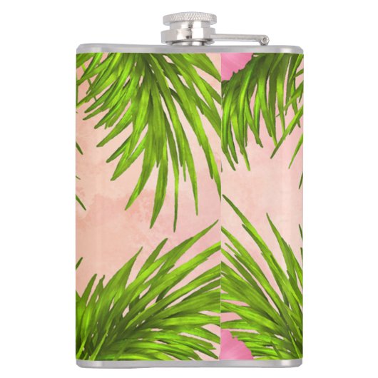 Elegante tropische bloemen roze bloemengroene blad heupfles (Achterkant)