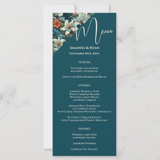 Elegante Tropische Bloemen Trouwmenu (Voorkant)