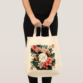 Elegante Tropische Bloemige Monogram Boodschappen  Tote Bag