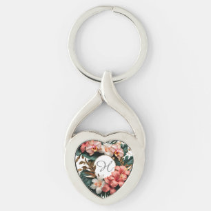 Elegante tropische bloemige monogram hartvormige s sleutelhanger
