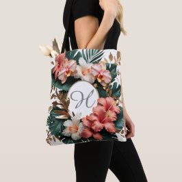 Elegante tropische bloemige monogram schoudertasse tote bag