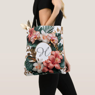 Elegante tropische bloemige monogram schoudertasse tote bag
