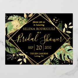 Elegante Tropische Bruidsdouche Zwart & Goud Folie Uitnodiging Briefkaart