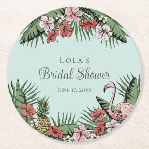 Elegante Tropische Flamingo & Hibiscus Bruiloft Fe Ronde Kartonnen Onderzetter