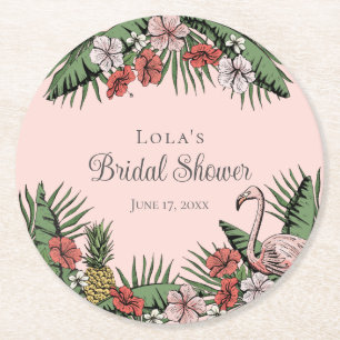Elegante Tropische Flamingo & Hibiscus Bruiloftsbo Ronde Kartonnen Onderzetter