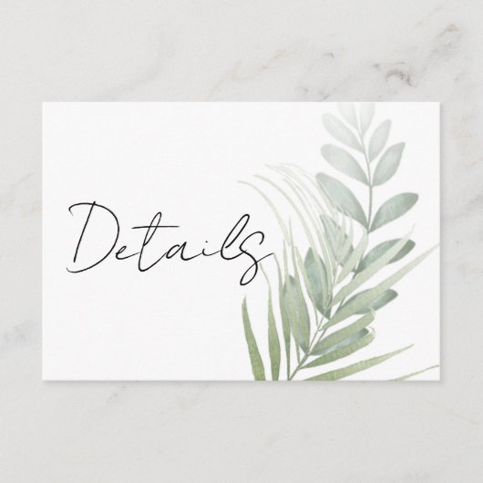 Elegante tropische gebladerte bruiloft details informatiekaartje (Voorkant)