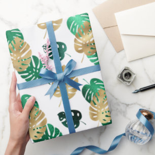 Elegante Tropische Gouden & Groene Monstera Blader Cadeaupapier