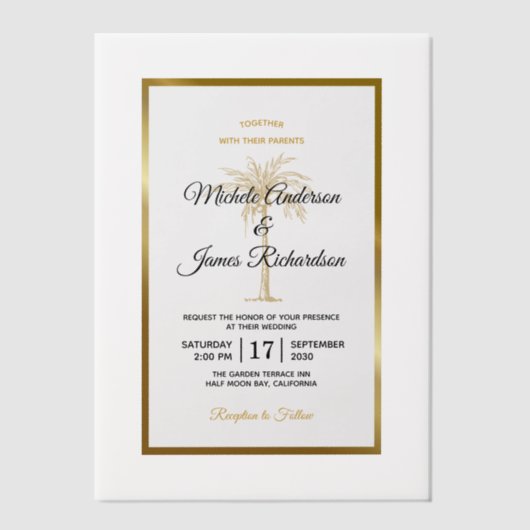 Elegante Tropische Gouden Palm Tree Beach bruiloft Vellum Uitnodigingen (Voorkant)