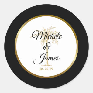 Elegante Tropische Gouden Palmboom Moderne Trouwda Ronde Sticker