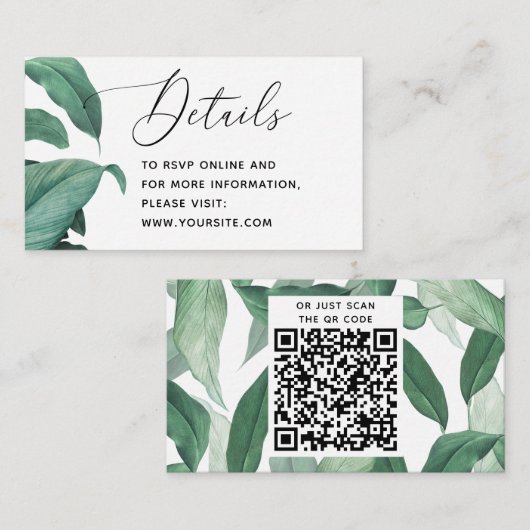 Elegante tropische groen bruiloft details. QR-code Informatiekaartje (Voorkant / Achterkant)