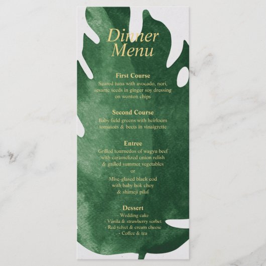 Elegante Tropische Groene Monstera Leaf Wedding Menu (Voorkant)