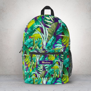 Elegante Tropische Groene Paarse Bladeren Print Bedrukte Rugzak