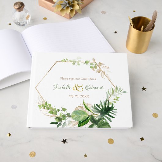 Elegante Tropische Groene Waterverf Monstera blade Gastenboek (Voorkant open)