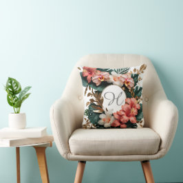 Elegante Tropische Hibiscus Gouden Monogram Kussen