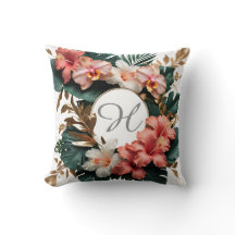Elegante Tropische Hibiscus Gouden Monogram Kussen