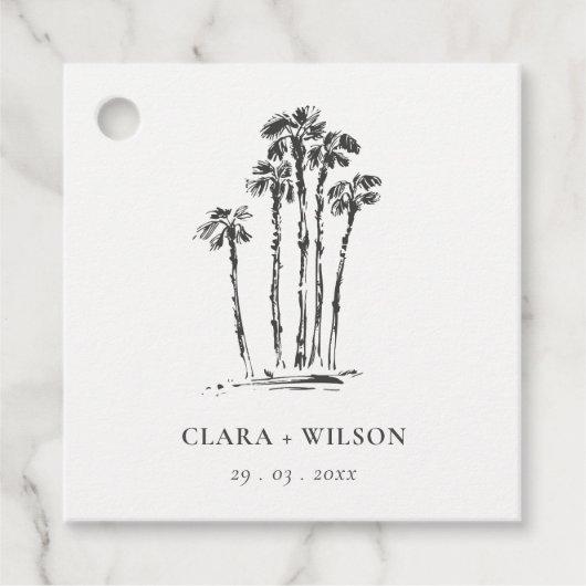Elegante Tropische Kustpalmboom Schets Bruiloft Bedankjes Labels (Voorkant)