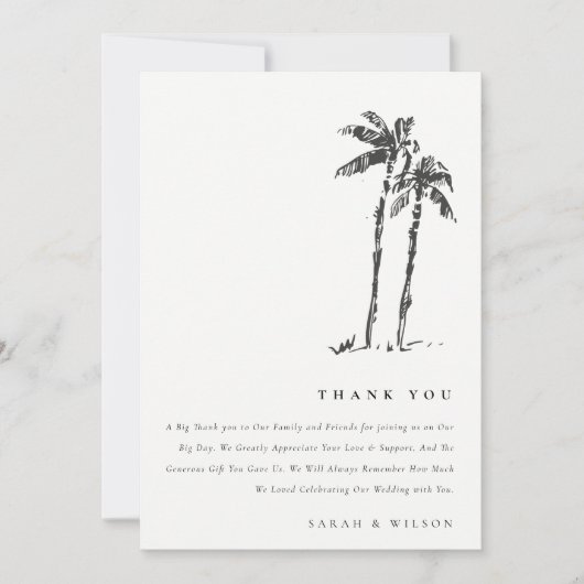 Elegante Tropische Kustpalmboom Schets Bruiloft Bedankkaart (Voorkant)