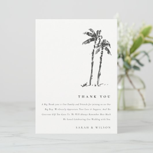 Elegante Tropische Kustpalmboom Schets Bruiloft Bedankkaart (Staand voorkant)