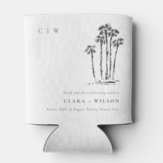 Elegante Tropische Kustpalmboom Schets Bruiloft Blikjeskoeler (Achterkant)