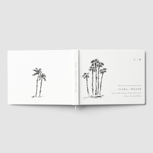 Elegante Tropische Kustpalmboom Schets Bruiloft Gastenboek (Volledig)