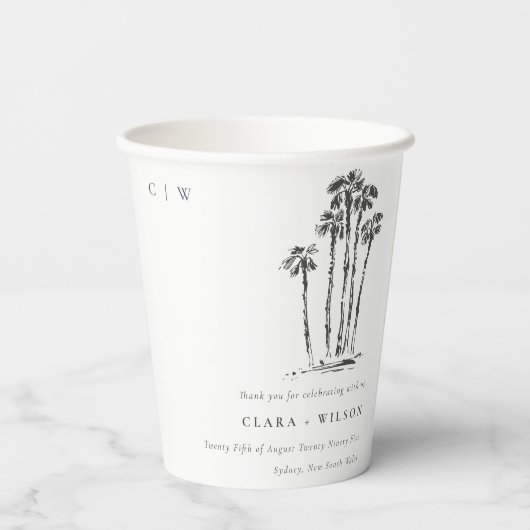 Elegante Tropische Kustpalmboom Schets Bruiloft Papieren Bekers (Achterkant)