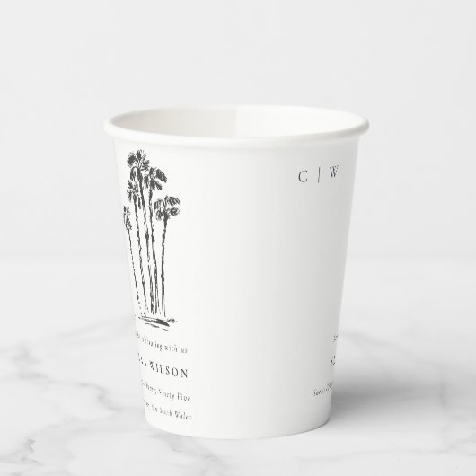 Elegante Tropische Kustpalmboom Schets Bruiloft Papieren Bekers (Links)