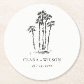 Elegante Tropische Kustpalmboom Schets Bruiloft Ronde Kartonnen Onderzetter (Voorkant)