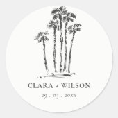 Elegante Tropische Kustpalmboom Schets Bruiloft Ronde Sticker (Voorkant)