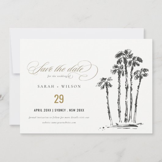 Elegante Tropische Kustpalmboom Schets Bruiloft Save The Date (Voorkant)